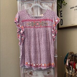 Lavender Floral Embroidered Ruffle Sleeve Tunic Top